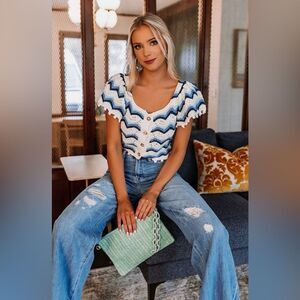 Zara cream/blue crochet button front crop top